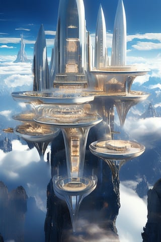 A breathtaking view of a futuristic palace, soaring above towering mountains, made of sleek glass and silver-gold materials. The palace is a stunning sight to behold, with 300 rooms that glisten in the sunlight. The structure appears to be floating on a sea of clouds, creating a surreal and otherworldly atmosphere. In the distance, one can see other smaller structures, creating a miniature city. The overall ambiance is a blend of high-tech sophistication and awe-inspiring beauty.