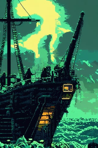 A pixel art image of a ghost ship adrift at sea. The deck is covered in algae and barnacles, and tattered sails flap in the wind. Spectral sailors move silently about their duties, and the captain’s cabin glows with an otherworldly light.