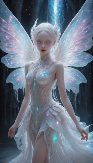 1girl, (masterpiece), stunning hybrid girl,  albino fairy and an albino demon girl,Pure white white pigtails,
blur background, sharp focus, albino demon girl,slit pupil eyes,Intricate Iris Details their ethereal beauty blending seamlessly to create a mesmerizing presence. Adorned in a shimmering gown that seems to radiate with otherworldly light, this unique being captivates all who behold her. Her delicate wings, reminiscent of both fairy wings and demonic appendages, flutter gracefully as she moves, adding to her enchanting allure. Despite her mixed heritage, there is a harmonious balance to her appearance, evoking a sense of wonder and admiration in all who gaze upon her.",Butterfly Style