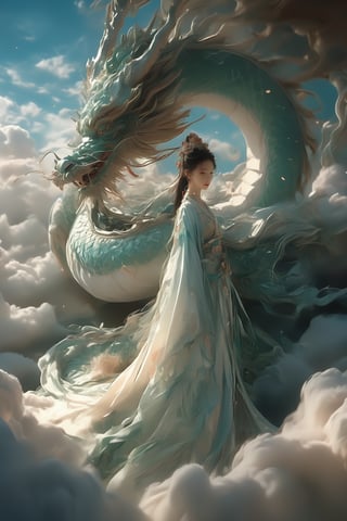 A whimsical scene unfurls: xxmixgirl, resplendent in flowing white robes, sits serenely atop the magnificent white dragon's back, as it rises from a plush carpet of fluffy clouds against a serene light blue sky. The dragon's sharp teeth and piercing eyes gleam softly, while xxmixgirl's tranquil posture, stomach held, exudes peaceful contemplation amidst this dreamlike tableau.,dunhuang