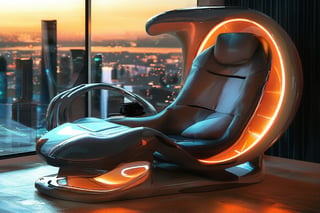 masterpiece, top quality, best quality, official art, beautiful and aesthetic, extreme detailed, a zero-gravity chair with sleek, transparent materials and glowing edges, minimalist design, set in a futuristic living room with panoramic cityscape views