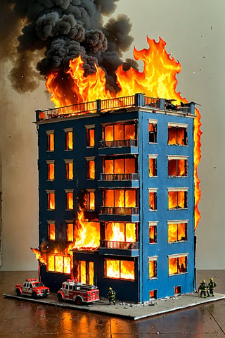 A meticulously crafted model of a multi-story building. The structure appears to be in a state of disrepair with parts of its facade missing. The building is engulfed in flames from within and outside, with firefighters in protective gear attempting to control the blaze. The firefighters are positioned on various levels, with some on the roof and others on the ground. The flames are vividly orange and yellow, illuminating the scene with an intense glow. The background is a muted shade of blue, providing a stark contrast to the fiery scene.