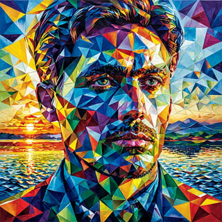 A stunning, geometric-style portrait of a man's face, fragmented into a myriad of triangular shapes. The colors are vibrant, ranging from blues, yellows, and reds to greens and purples. The man's eye is particularly detailed, capturing a sense of depth and emotion. The background seems to depict a sunset or sunrise over a body of water, with golden hues blending with the cooler tones of the sky.