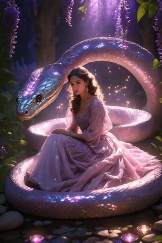 A woman adorned in a soft pink gown, seated in a fairytale garden with blooming flowers and a cobblestone path. She is accompanied by a large, lavender, serpentine creature with intricate scales and jewel-like adornments. The garden is illuminated by fairy lights, casting a magical glow, and there are arbors in the background. The woman's expression is calm and contemplative, and the creature seems to be gently resting against her.