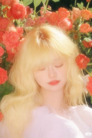 1girl, solo, long hair, bangs, blonde hair, closed eyes, flower, lips, red lips, dreamgirl, portrait, close up, 