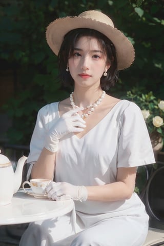 1girl, solo, short hair, black hair, gloves, hat, dress, jewelry, flower, earrings, white gloves, necklace, white dress, cup, rose, table, teacup, realistic, teapot, saucer, vase, pearl necklace