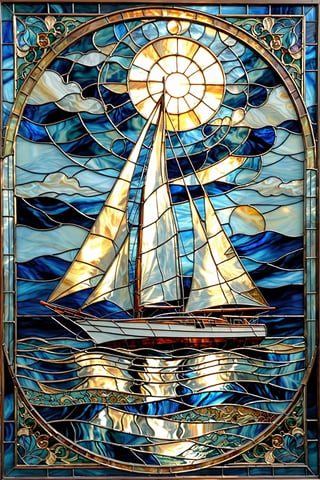 A stunning stained glass artwork. At its center, there's a sailboat with intricately designed sails, set against a deep blue backdrop. Above the boat, there's a circular window or portal, emanating a radiant light. The sky is filled with swirling patterns of blue and white, resembling waves or clouds. The boat's reflection is beautifully mirrored in the water below, creating a symmetrical effect. The overall ambiance of the artwork is serene, with the interplay of light and color evoking a sense of calm and wonder.