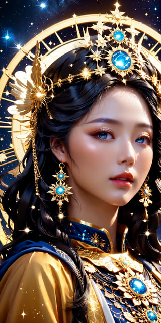 ultra Close-up,  high quality,  stary night beautiful magical woman,  A beautiful magician woman made of starry sky,  splash arts,  aesthetic for Tshirt design,  darktone,  by yukisakura,  high detailed,  sparkle and glowing, cinematic pose, dynamic movement, as the goddess of the universe, golden halo behind her head, golden aura, npc with a saint\'s halo, detailed digital anime art, beautiful gold saint, npc with a saint's halo, stunning anime face portrait, beautiful fantasy art portrait, beautiful anime art style, popular on art station