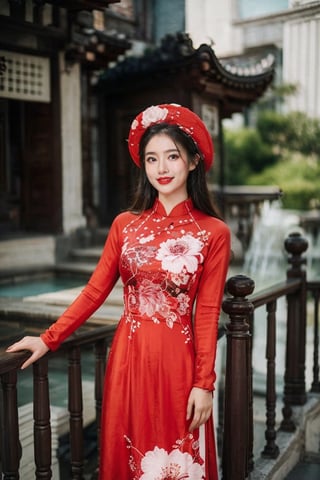 1girl, solo, long hair, looking at viewer, black hair, long sleeves, hat, dress, outdoors, day, black eyes, floral print, red headwear, architecture, east asian architecture, aodaicuoi