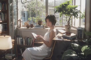 1girl, solo, short hair, black hair, dress, sitting, indoors, white dress, tree, cup, book, window, chair, table, plant, bookshelf, lamp