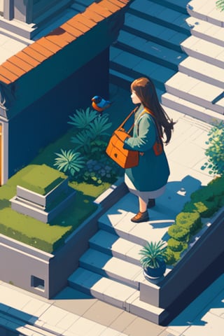 1girl, bird, solo, long hair, stairs, bag, plant, isometric