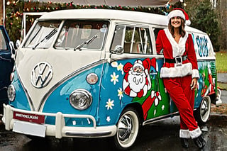 Masterpiece , 1 girl, beautiful, wear santa costume, standng at front volkswagen door,  present delivery, volkswagen paint decorated  ,volkswagen 