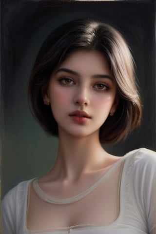 An oil painting in the style of John Singer Sargent and a print by Ivana Besevic, the lighting style of Rembrandt. A beautiful portrait of a 20-year-old Indian girl. A detailed, beautiful, girlish face. Narrow nose, beautiful, large eyes and full lips,1 girl 