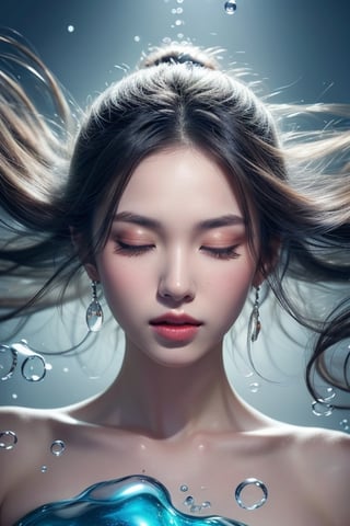 Close-up of a woman with her eyes closed and her hair blowing in the air, inspired by Cheng Yanjun, ethereal bubbles, water droplets, blisters, bubbles, beautiful artwork illustration, Guwiz style artwork, created by Cheng Yanjun, soft overflow, ethereal beauty, Guvitz, inspired by Ross Tran, close-up fantasy and water magic, beautiful digital illustration, floating in water