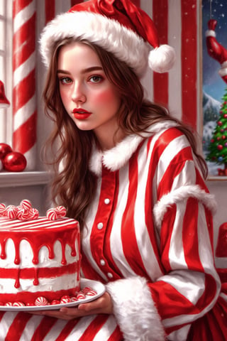 Masterpiece , realistic, high reaolution, 1 girl, 18 yo, beautful, wear santa costume,  red and white stripes santa costume, ultra realistic, back ground giant candy cake, digital art, stunning digital illustration, ,dashataran