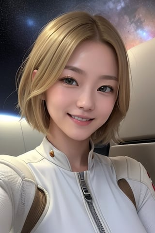 top-quality、​masterpiece、high resolution、(realisitic:1.4)、1 Beautiful Women、Beautiful detail eyes and skin、smile、Light brown long hair、The perfect spacesuit、spaceships、Inside the spacecraft、macrocosm、,Japanese. Short Blonde Hair,chinatsumura