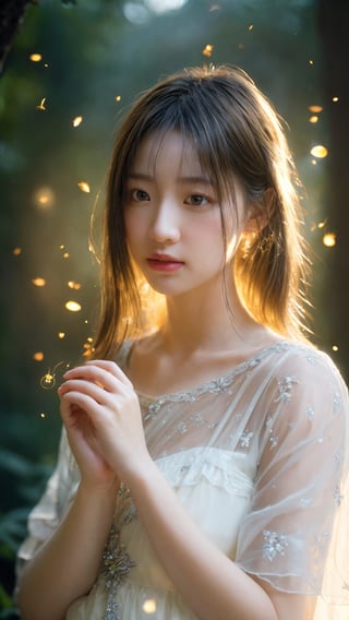 Masterpiece, realistic, natural lighting, soft lighting, sunlight, HDR (High Dynamic Range), Maximum Clarity And Sharpness, Multi-Layered Textures,  fireflies,1 beautiful lady,perfect detail hands,perfect detail fingers,happy,