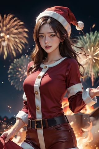 Masterpiece, high resolution, 4k, realistic, 1 beautiful woman, wear santa costume, wear red santa hat, lively and warm, playing with fireworks, ,fire