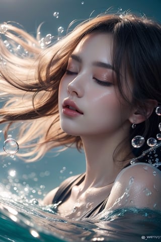 Close-up of a woman with her eyes closed and her hair blowing in the air, inspired by Cheng Yanjun, ethereal bubbles, water droplets, blisters, bubbles, beautiful artwork illustration, Guwiz style artwork, created by Cheng Yanjun, soft overflow, ethereal beauty, Guvitz, inspired by Ross Tran, close-up fantasy and water magic, beautiful digital illustration, floating in water