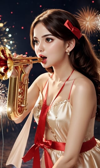 1 girl, blow party trumpet , at newyear party