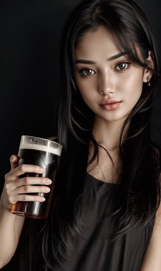 hightquality、1girl in, Night, Dark, Black hair, Looking at Viewer, Upper body, face to the viewer, limited palette, Black background, blazing,Holding a beer in your hand