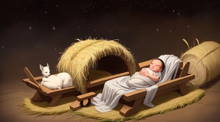 A humble manger with some hay on it in a winter night. Baby newborn boy closed eyes lying on the hay over the manger. Bethlehem . Peaceful atmosphere.