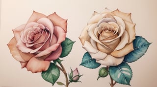 white paper with watercolours on the left side, same light pink roses growing aspiring to be taller but short, raffinate, elegant, sinuous