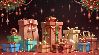 solid red, gold background backdrop, Christmas bubbles, gifts, candies, sweets, garlands, stars, decorations at the edges, sumptuous, shiny, no things in the middle, vivid 