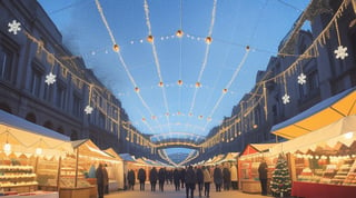 spacious and big light blue luminous sky, winter, focus on sky, Christmas decorations and small markets, empty in the middle, daytime