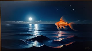 the deep of a dark blue or black sea in night with a one single bright slim small goldfish in the left of the paiting, art paiting, oil painting, pastel