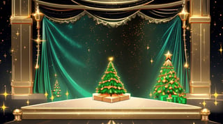 gold full solid backdrop, at the base some gift that don’t exceed half the picture. a single big green Christmas tree at the left, not fully visible, left 2/3 of th backdrop empty 