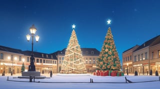 Light blue luminous sky of a Spacious small town square, winter, Christmas decorations, empty in the middle, daytime