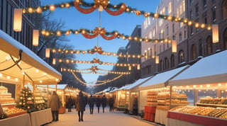 spacious light blue luminous sky, winter, Christmas decorations and markets, empty in the middle, daytime