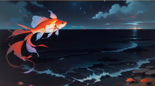 the deep of a dark blue or black sea in night with one single slim small shining goldfish, art paiting, oil painting, pastel