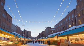 spacious and big light blue luminous sky, winter, focus on sky, Christmas decorations and small markets, empty in the middle, daytime, no houses