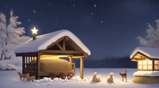 A humble manger with some hay in a winter night with a poor humble needy newborn sleeping alone 