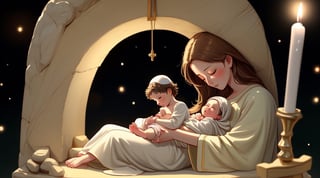 Imagine a serene scene at the manger, with baby Jesus lying peacefully, his eyes closed. Surrounding him are warm hues, gentle light, and a tranquil atmosphere, capturing the essence of the nativity scene. No other people 