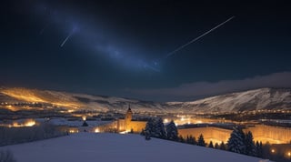 A Comet, night sky, old Bethlehem, winter