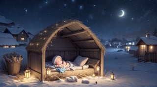 A humble manger in a winter night, made of dry hay, with a newly born baby sleeping on it without clothes, only a blanket