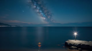 dark blue sea in night with a one single bright slim small goldfish in the left, calm