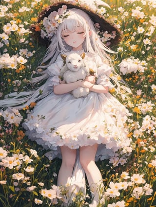 1 girl, sleep in flower field, holding cute white lamb ,Witch, detailed lamb , detailed face, 