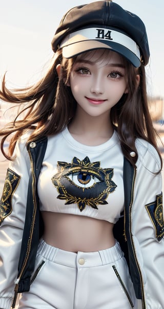 4k,best quality,masterpiece,1girl,(cropped jacket),(demin pant), smile,baseball cap,

(Beautiful and detailed eyes),
Detailed face, detailed eyes, double eyelids ,thin face, real hands,
((short hair with long locks:1.2)),brown-hair, white background,


real person, color splash style photo,
