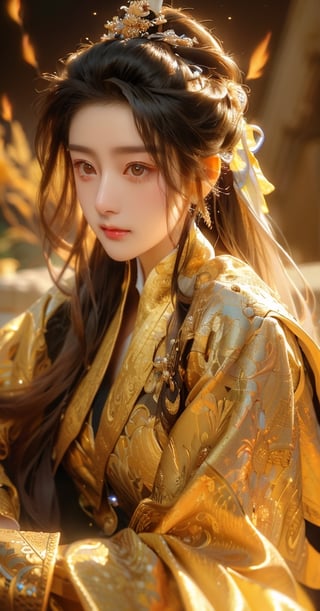 best quality,Amazing,Beautiful golden ,finely detail,Depth of field,extremely detailed CG unity 8k wallpaper,(1 girl :1.5),masterpiece,fluttered detailed splashs, ,cosmic eyes,Shock sensation,(realistic :0.5),original, ,fantasy_world,nodf_lora, sitting_down,feiyu