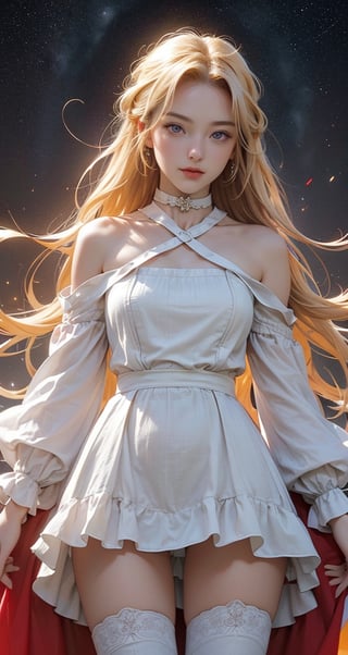 A masterfully crafted masterpiece of a girl, rendered in breathtaking detail with a quality score of 1.2, looks directly at the viewer with an inviting friendly expression. Her piercing purple eyes sparkle as she wears a choker and hairclip, her long blonde locks adorned with a white-red dress flowing like solar flares beneath her shoulders. Her thighs, slightly accentuated to a rating of 0.8, are clad in matching white-red boots, giving the impression of floating in mid-air amidst the starry vastness of space. The framing is deliberate and precise, showcasing her solo presence within a cowboy shot composition that exudes confidence and freedom.