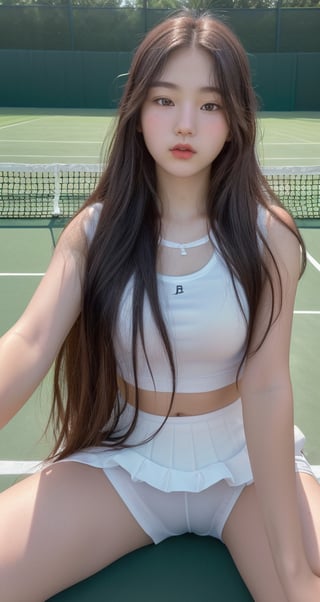 (8k,  best quality,  masterpiece,  ultra high res,  highly detail face:1.3),  portrait,  (18 years old girl:1.3),  beautiful,  kawaii,  (very wide shot :1.2),  (long hair :1.3),  dark hair,  ((bob)),  clothes,   sweat ,  (morning:1.3), tennis-court, white tennis wear,  from below:1.3