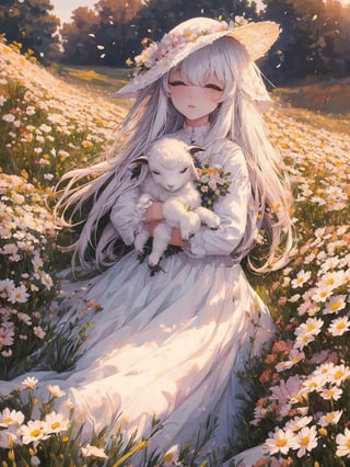 1 girl, sleep in flower field, holding cute white lamb ,Witch, detailed lamb , detailed face, 