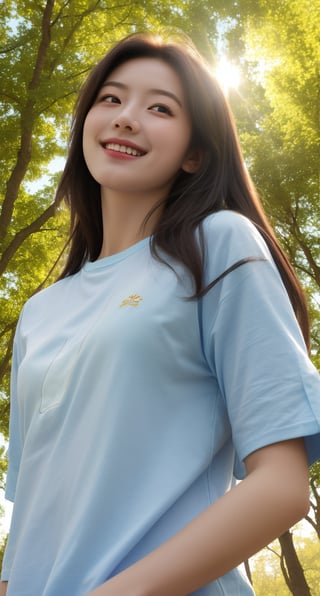 Masterpiece, top quality, high definition, artistic composition, 1 girl, upper body, composition from below, smiling, cotton shirt, looking at me, blue sky, sunlight through trees, casual, portrait, warm, reaching out