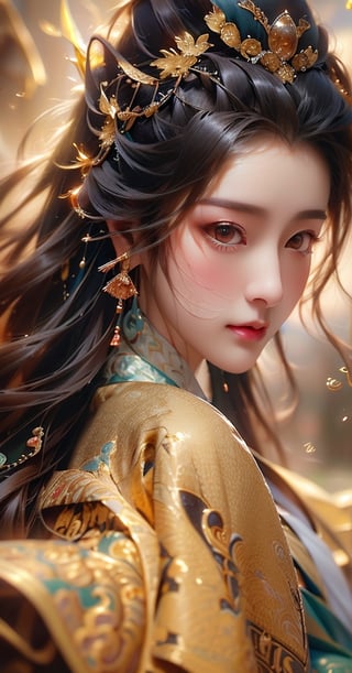 best quality,Amazing,Beautiful golden ,finely detail,Depth of field,extremely detailed CG unity 8k wallpaper,(1 girl :1.5),masterpiece,fluttered detailed splashs, ,cosmic eyes,Shock sensation,(realistic :0.5),original, ,fantasy_world,nodf_lora,feiyu,gonggongshi