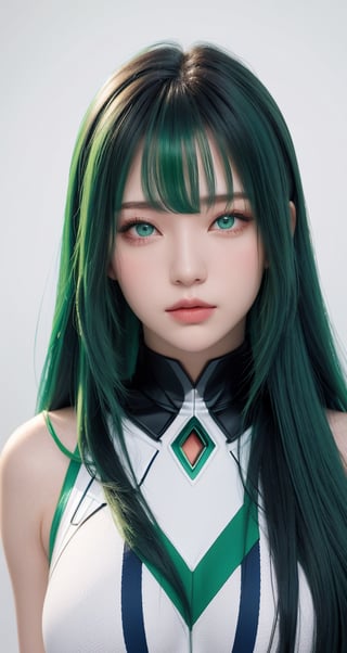 1woman, ((blank background)), vibrant colors, head and shoulders portrait, long_hair, pale, bangs, green_eyes, warrior, large forhead