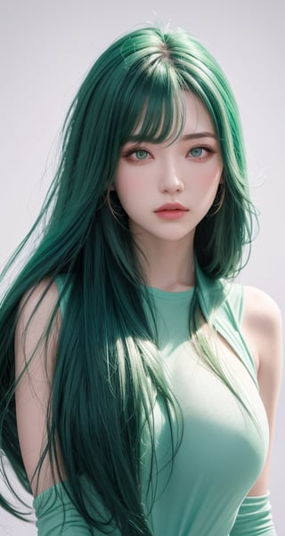 1woman, ((blank background)), vibrant colors, head and shoulders portrait, long_hair, pale, bangs, green_eyes, warrior, large forhead